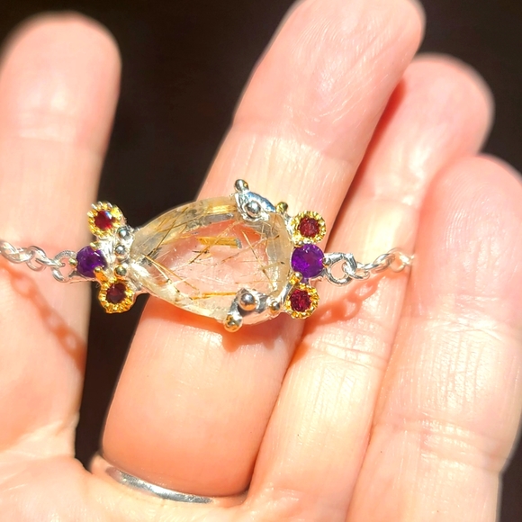 Natural Kharma by Avelon Jewelry - Golden rutilated Quartz Amethyst &Garnet bracelet STUNNING!